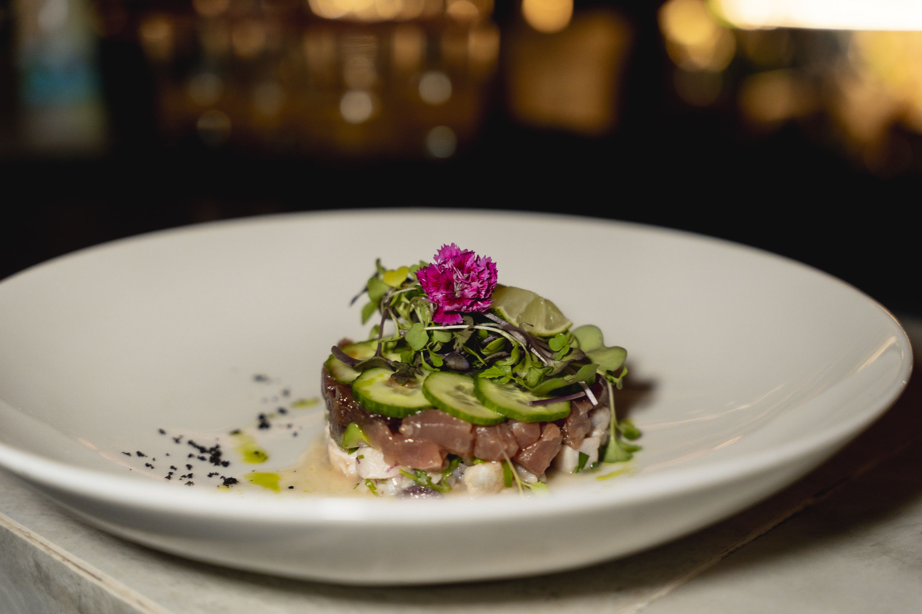 Plated tuna tostada at Corazón Cabo